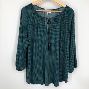 Prescott New York‎ Womens Blouse Size 1X Blue Geometric Tassels Popover Office